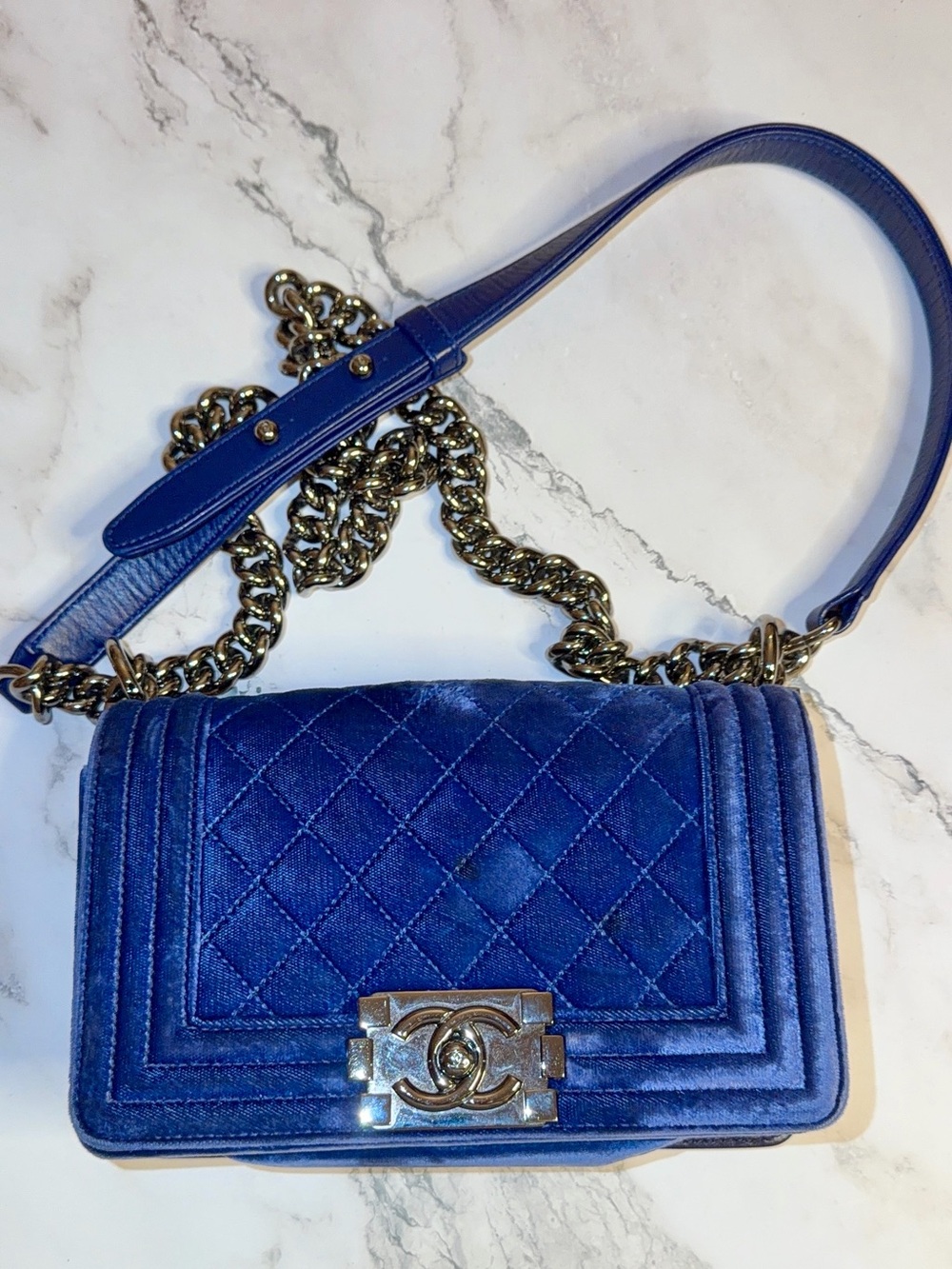 Chanel Blue Quilted Velvet Small Boy Flap
Bag